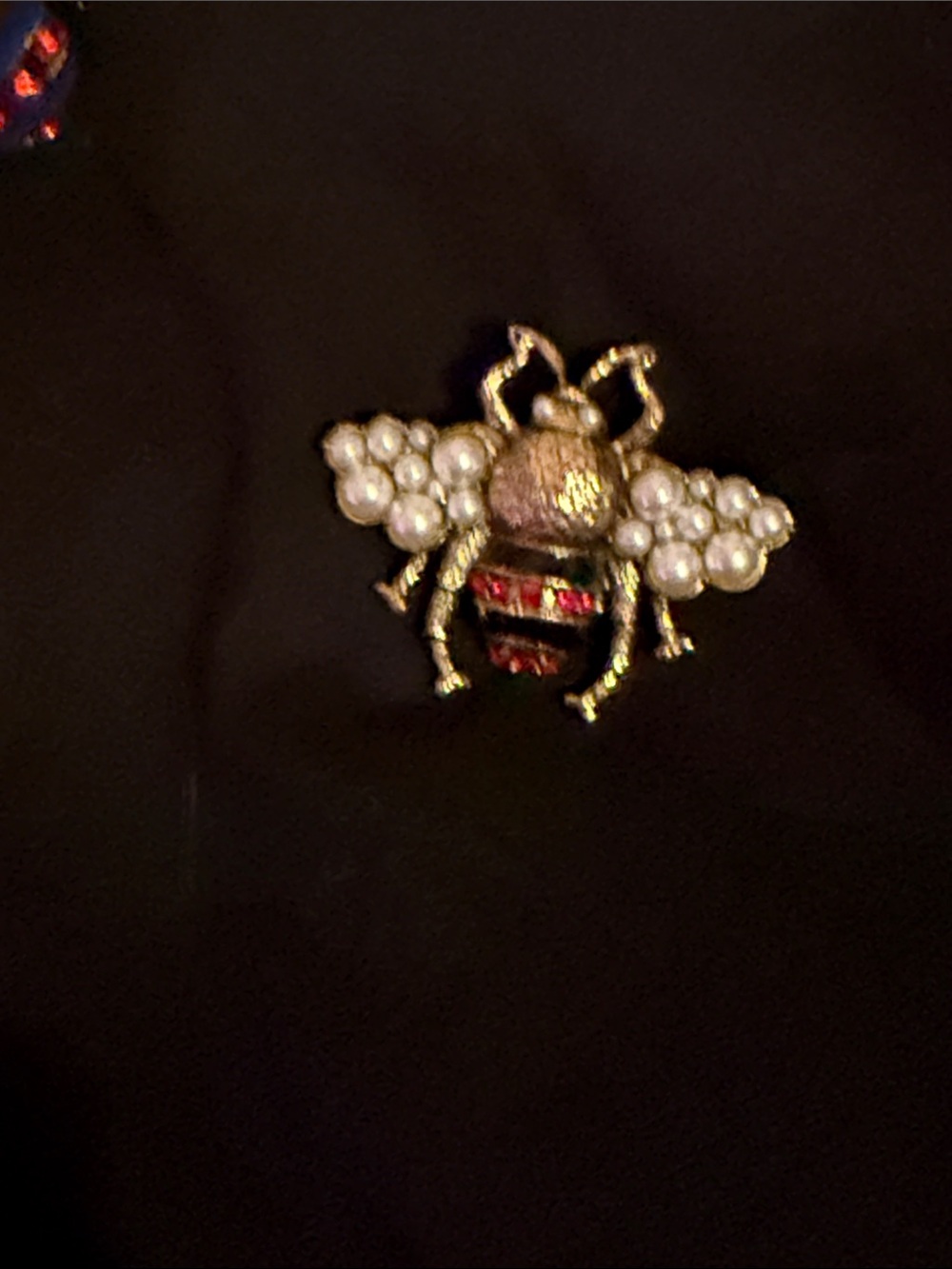Gold Bee Brooch with Pearl Wings and Red-Black Enamel